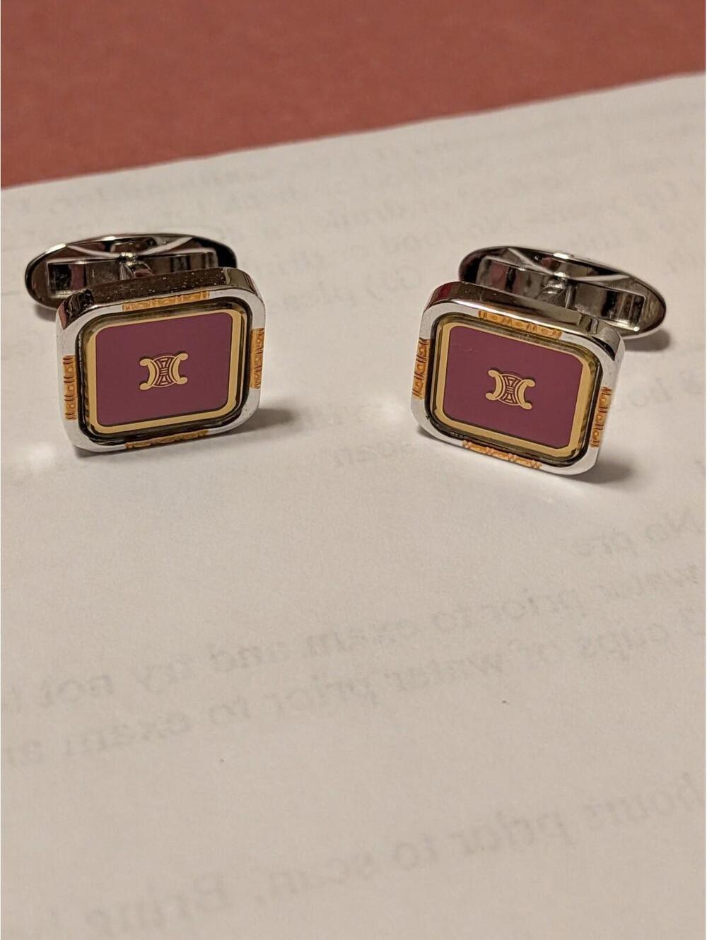 Authentic Celine Macadam Cufflinks Vintage Triomphe Gold Red Maroon Square Style